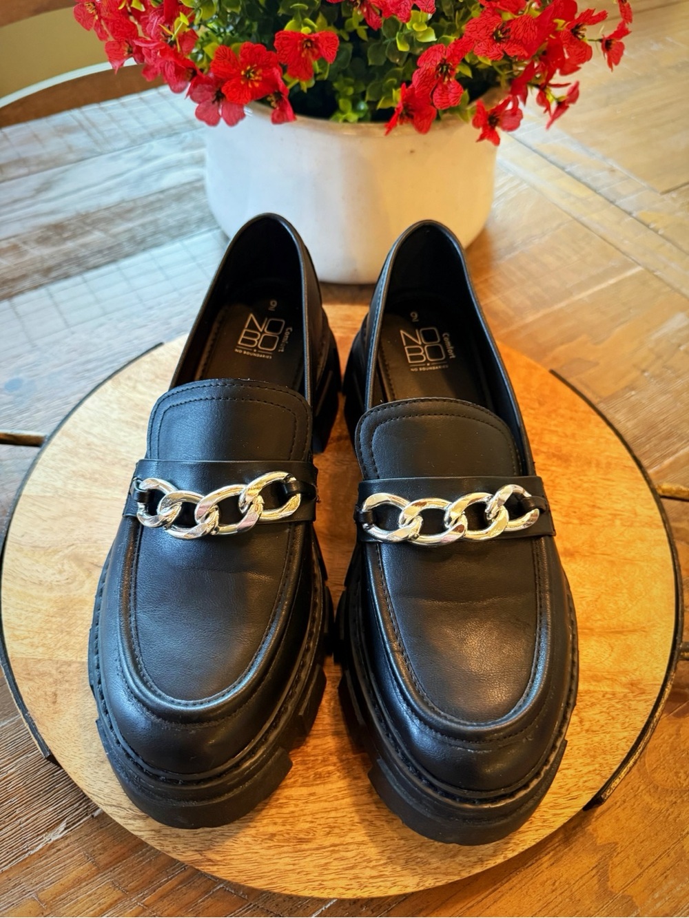 NOBO Black Faux-Leather Loafers with Silver Chain Accent - Picture 2 of 3